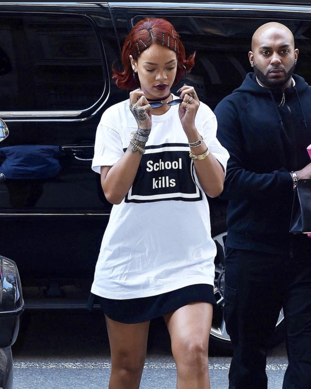 "School Kills" iconic oversized tee ft. Rihaana